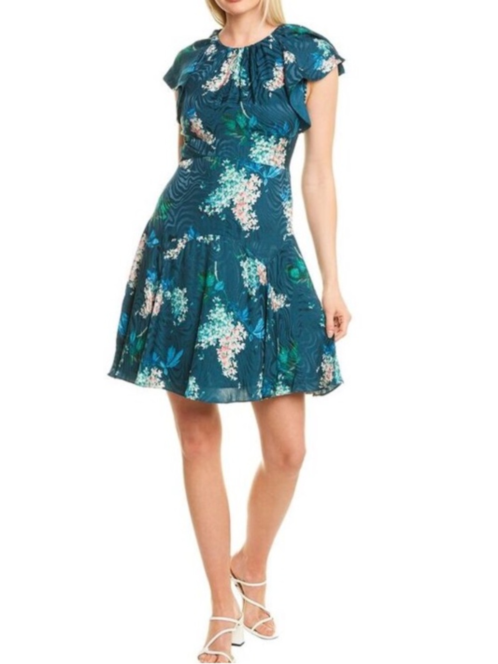 Rebecca Taylor Silk Hydrangea Dress Teal Swirl Combo Romantic Ruffle Sleeve NWT